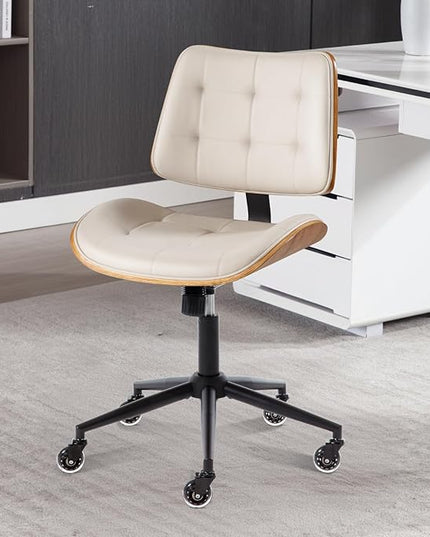 Home Office Desk Chair with Wheels, Adjustable Height Armless Office Chair, PU Leather Mid Back 360° Small Computer Chair, Modern Walnut Chair No Arms for Office, Reading Meeting Room(Beige)