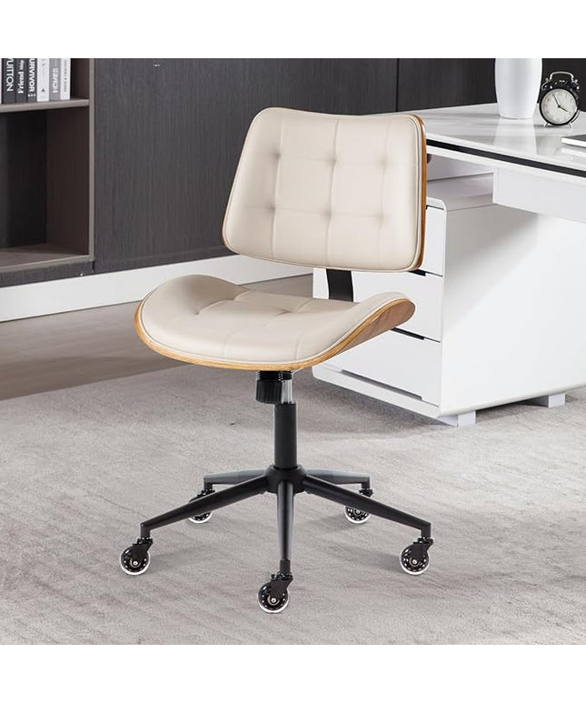 Home Office Desk Chair with Wheels, Adjustable Height Armless Office Chair, PU Leather Mid Back 360° Small Computer Chair, Modern Walnut Chair No Arms for Office, Reading Meeting Room(Beige)