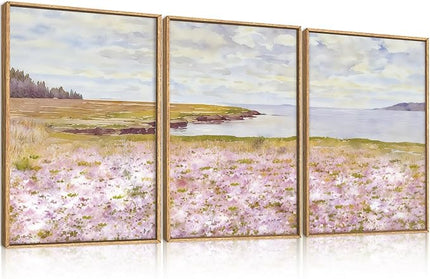 HOURIA Watercolor Pink Floral Coastal Landscape Framed Canvas Wall Art Set,Nature Inspired Wildflower & Meadow Cottage Field Wall Decor,Modern Seaside Beach Artwork for Living Room,Farmhouse-16"x24"x3