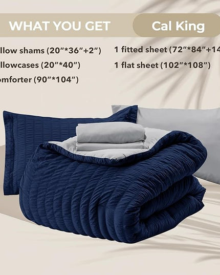 HYMOKEGE Navy Blue/Light Grey California King Comforter Set Seersucker 7 Pieces, All Season Luxury Bed in a Bag for Bedroom, Bedding Set with Comforter, Sheets, Pillowcases & Shams