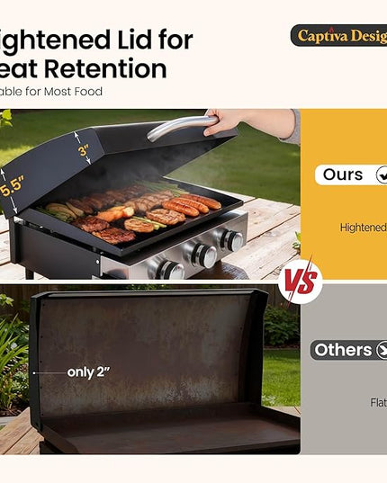Sophia & William 22" Flat Top Grill with Lid & Ceramic Coated Cast Iron Pan, 3-Burner Portable Tabletop Gas Propane Griddle for Outdoor, BBQ, Camping & Tailgating Barbecue, 24,000 BTU