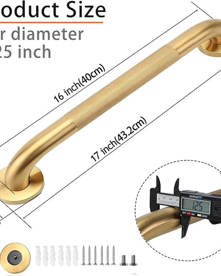 Shower Grab Bar, 2 Pack 16 Inch Gold Bathroom Grab Bar, 1.25" Diameter 304 Stainless Steel Anti-Slip Grab Bars for Bathtubs and Showers, Handicap Shower Grab Bar for Seniors Elderly