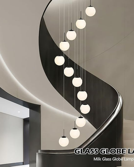 KoKo&Yukina 12-Light Black Mid Century Modern Chandelier for Living Room Staircase Chandelier for Entryway Globe Milky White Glass Pendant Light High Ceiling Chandeliers Foyer (Bulb & Remote Incl.)
