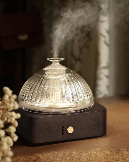 Glass Dome Essential Oil Diffuser with Glass Reservoir & Wood Base-Plastic Free, 200ml Ultrasonic Diffuser for Aromatherapy with Timer 7 Color Light Auto-Off for Home Office Yoga Dark Brown