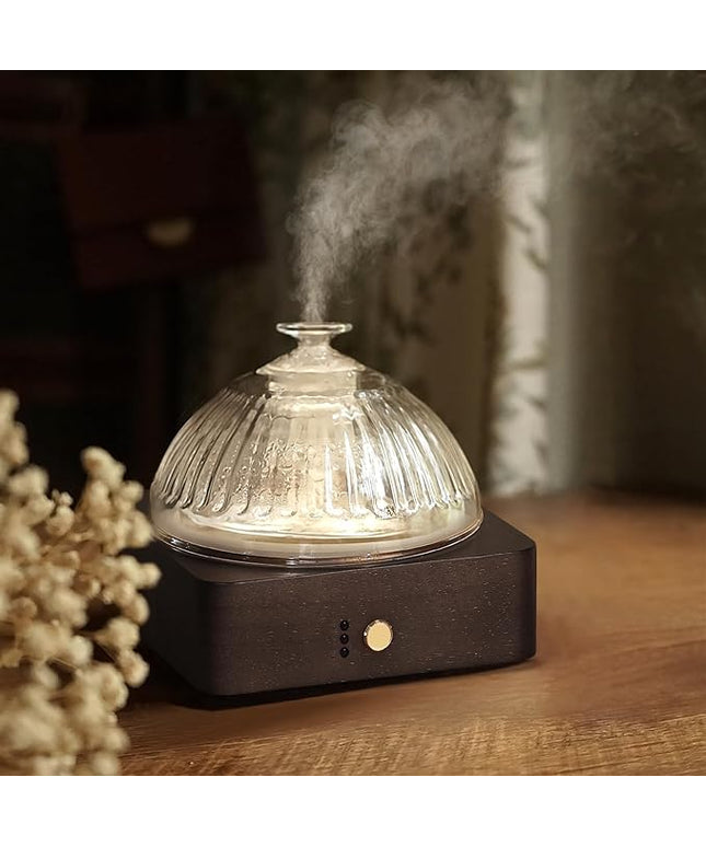 Glass Dome Essential Oil Diffuser with Glass Reservoir & Wood Base-Plastic Free, 200ml Ultrasonic Diffuser for Aromatherapy with Timer 7 Color Light Auto-Off for Home Office Yoga Dark Brown