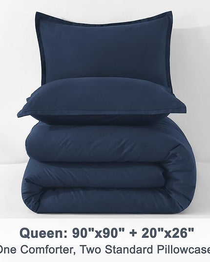 Litanika Navy Blue Comforter Set Queen Size, 3 Pieces Lightweight Solid Bedding Comforter Set, All Season Fluffy Bed Set (90x90In Comforter & 2 Pillowcases)