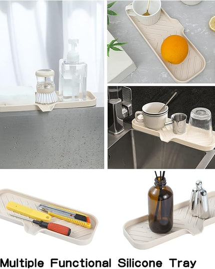 Silicone Bathroom Soap Dishes with Drain Spout-Bathroom and Kitchen Sink Organizer,Sponge Holder,Dish Soap Tray,Perfect for Dispenser,Scrubber,Bottle,Cup on Sink or Counter-Tapioca 12"×4"