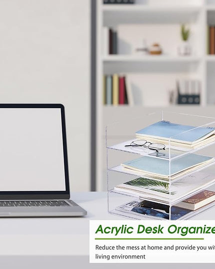 Harloon 4 Tier Acrylic Paper Tray 12 x 9.3 x 2.7 Inches Stackable Letter Clear Organizer No Need to Assemble Acrylic Paper File Organizer for Office Workspace Desktop Storage(Transparent)