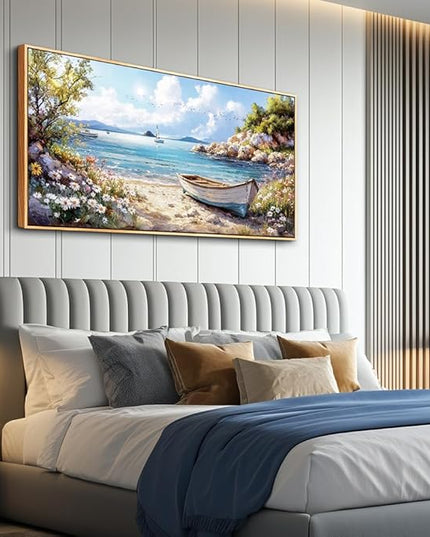PHAOHUAXM Large Canvas Wall Decor For Living Room Wall Art For Bedroom Office Wall Decorations Print Marine Landscape Wood Framed Paintings Artwork Mural Stretched and Framed Beach Posters 24"X48"