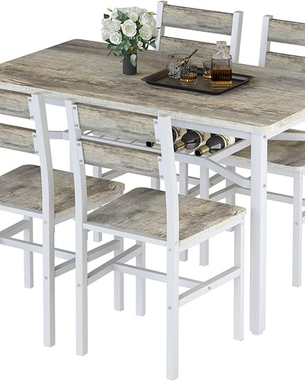 Hooseng Dining Table Set for 4, Wood Kitchen Table Chairs Set with Storage, Farmhouse 5 Piece Dining Room Table Set, Space-Saving Dinette Set for Breakfast Nook, Apartment