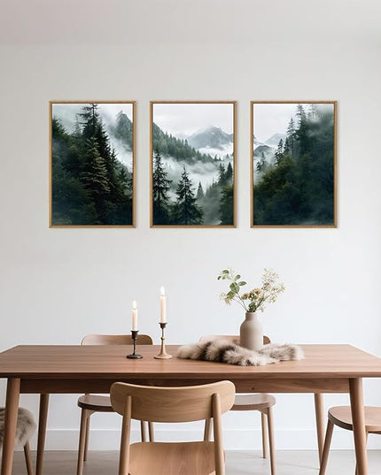 HOURIA Boho Forest Mountain Framed Canvas Wall Art Set,Nature Foggy Woodland Ridge Wall Decor,Misty Pine Tree Artwork,Sage Green Botanical Art Prints for Living Room, Bedroom, Farmhouse-16 x24 x3