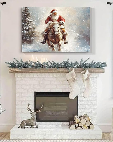 YONICA Christmas Wall Decor Santa Canvas Wall Art Home Decorations 16x12 Inches - Santa Pictures Santa Claus Riding a Horse Christmas Pine Tree Prints Winter Painting Xmas Artworks for Living Room