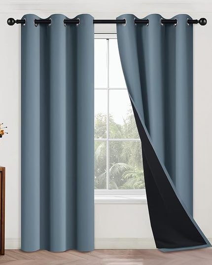 Yakamok Full Blackout Curtains 84 Inches Long,Blackout Curtain Panels for Bedroom, 2 Thick Layers Grommet Top Thermal Insulated Drapes with Black Liner for Living Room(Stone Blue, Set of 2)