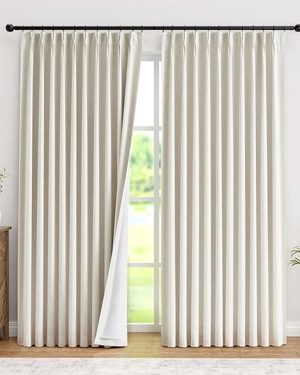 IVAPUPU Natural Pinch Pleated Ful Blackout Curtains Linen Blend Room Darkening Window Curtains 90 inch 1 Panel for Living Room Bedroom Thermal Insulated Curtain Drapes with 12 Pcs Hooks 60''Wx90''L