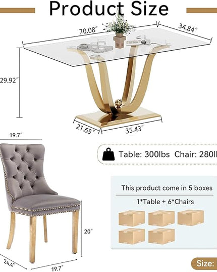 7-Piece Glass Dining Table Set w/6 Gray Upholstered Dining Chairs, 70in Rectangular Large Kitchen Table Set for 6, Glass and Gold Dining Table and Chair Set for 6