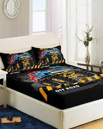 AILONEN Cartoon Monster Truck Fitted Sheet Set Twin XL Size, Construction Vehicles Sheets, American Flag Bed Sheet Set 3 Pieces - 1 Fitted Sheet and 2 Pillowcases