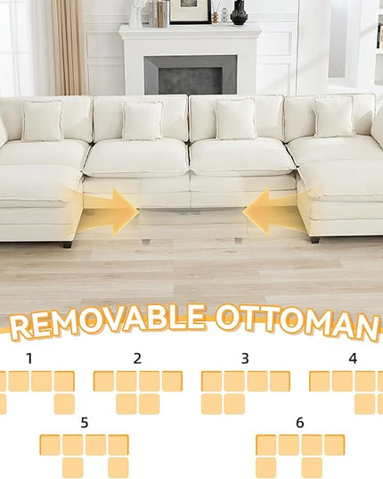 147'' Sectional Cloud Deep Seat Couch, Oversized Chenille U Shaped Sectional Sofa for Living Room Set, Comfy Upholstered Modular Sectional Sofa Couch with 2 Movable Ottoman, Beige