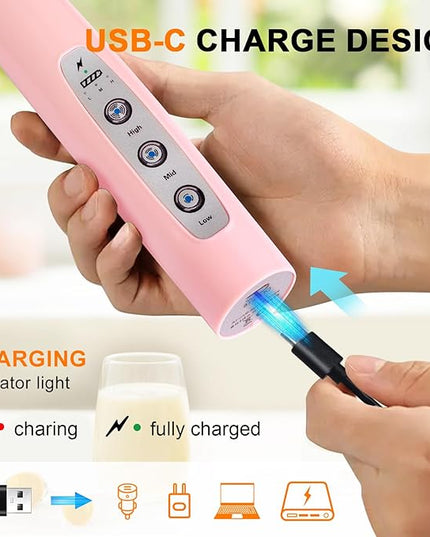 YUSWKO Pink Handheld Milk Frother Wand with Stand for Coffee, Rechargeable Electric Whisk with 3 Heads 3 Speeds Drink Mixer Coffee Frother For Latte, Cappuccino, Hot Chocolate, Egg