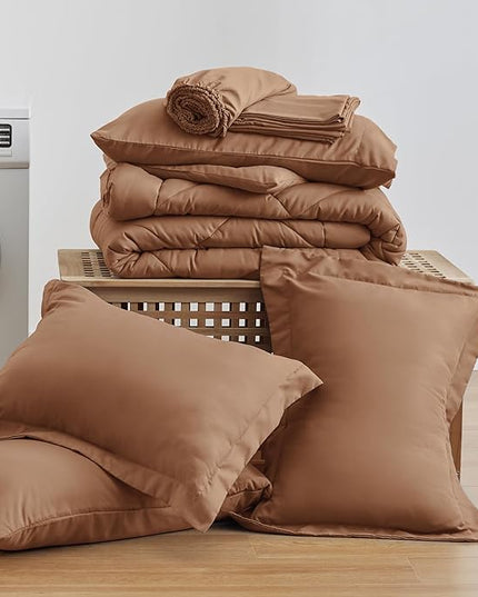 Love's cabin Full Comforter Set Mocha Mousse, 7 Pieces Full Bed in a Bag, All Season Bedding Sets with 1 Comforter, 1 Flat Sheet, 1 Fitted Sheet, 2 Pillowcase and 2 Pillow Sham