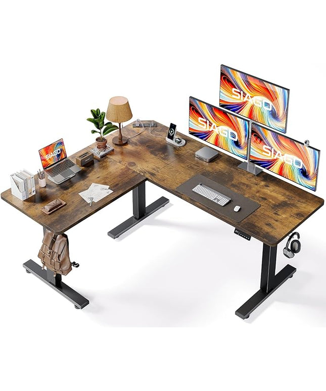 SIAGO L-Shaped Standing Desk - 63 x 55 Inch Adjustable Corner Standing Desk with Charging Station - L Shape Sit Stand Table with Memory Controller, Splice Board for Home Office