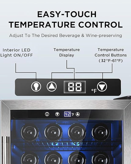 Wine Cooler 37 Bottle Freestanding Fridge with Stainless Steel Reversible Glass Door, 145 Can Beverage Refrigerator Quiet Compressor for Home Kitchen Bar, 4.5 Cu.ft Silver