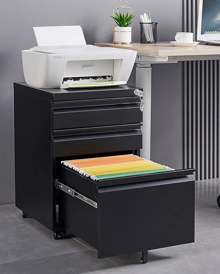 3-Drawer Lockable Mobile File Cabinet – Metal A4/Letter/Legal Size Storage for Home/Office, Pre-Assembled, Space-Saving Under-Desk Cabinet with Wheels (Black)