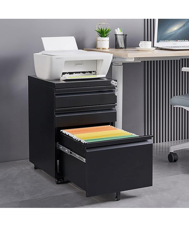 3-Drawer Lockable Mobile File Cabinet – Metal A4/Letter/Legal Size Storage for Home/Office, Pre-Assembled, Space-Saving Under-Desk Cabinet with Wheels (Black)