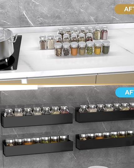 PMMASTO Adhesive Acrylic Spice Rack Organizer for Wall with Nano Double Sided Tape, Spice Shelf Organization for Kitchen Cabinet Door/Pantry Door, Wall Mount Seasoning Rack (Black - 4 Pack)