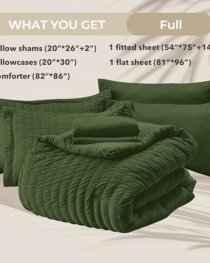 HYMOKEGE Olive Green Full Size Comforter Sets Seersucker 7 Pieces, All Season Luxury Bed in a Bag for Bedroom, Bedding Set with Comforter, Sheets, Pillowcases & Shams