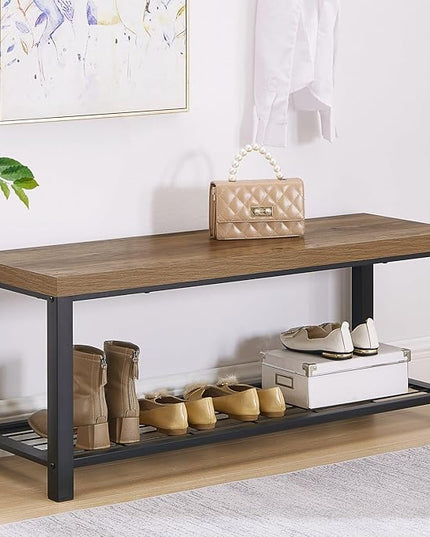FOLUBAN Entryway Bench, Modern Shoe Storage Bench, Rustic Wood and Metal Entry Bench for Hallway Front Door Entrance, Industrial Indoor Bench for Bedroom Living Room, Oak, 43.3 Inch