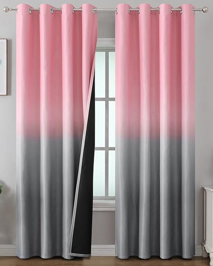 Estelar Textiler Pink and Grey Ombre Blackout Curtains 90 Inches Long for Bedroom, Thermal Insulated Privacy Protection Window Grommet Gradient Drapes for Living Room, 52Wx90L, 2 Panels