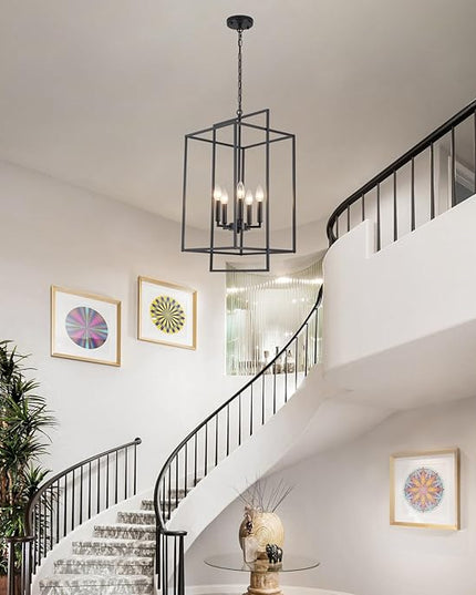 Black Farmhouse Chandelier, Extra Large Foyer Lighting Fixtures 14.17" Lantern Pendant Light, Industrial Foyer Chandelier for Staircase Entryway Hallway Kitchen, Lacquered Black 5 Lights