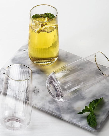 Lysenn Stemless Wine Glasses Set of 4 - Premium Hand Blown Drinking Glasses for Bubbly Wine & Champagne - Elegant Vertical Stripe and Gold Rim Champagne Flutes – Clear 17oz