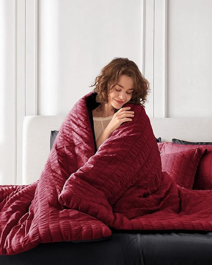 MUXHOMO 5 Pieces Twin Comforter Set, Seersucker Bed in a Bag Twin Size, All Season Luxury Bedding Set with Comforter, Flat Sheet, Fitted Sheet, Pillowcase & Sham, Red & Black