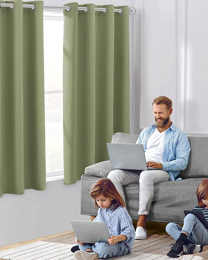 HOMEIDEAS Sage Green Blackout Curtains for Bedroom 52 X 63 Inch Length 2 Panels Set Room Darkening Bedroom Curtains, Soundproof Thermal Grommet Window Curtains for Living Room