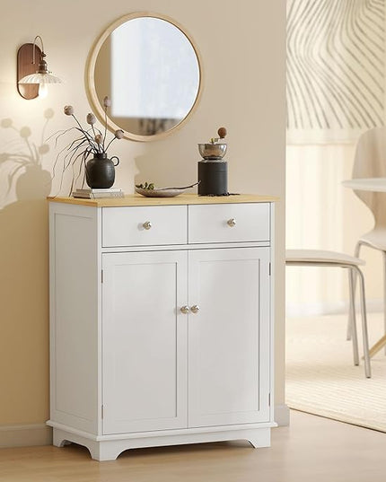 HOMCOM Sideboard Buffet Cabinet with Solid Wood Countertop, Modern Kitchen Storage Cabinet, Coffee Bar Cabinet with 2 Drawers, Doors and Adjustable Shelf, White