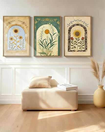ANHUIB Vintage Boho Spiritual Wall Decor 16x24 Inch Botanical Wall Art Earthy Sunflower Illustration Set of 3 for Living Room Bedroom Office