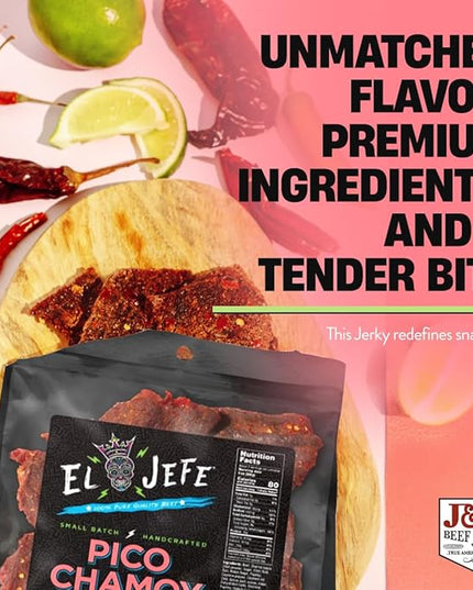 El Jefe Pico Chamoy Beef Jerky - Hand Crafted Small Batch Mexican Style Hispanic Slab Jerky - Bold & Authentic Flavor for Snacking and Entertaining! - 7oz