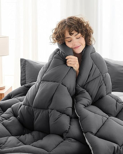 MUXHOMO 7 Pieces California King Comforter Set, Reversible Bed in a Bag Cal King Size, All Season Bedding Set with Comforter, Flat Sheet, Fitted Sheet, Pillowcases & Shams, Dark Grey & Light Grey