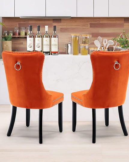 SoarFlash Velvet Dining Chairs Set of 2, Tall Back Side Chair, Modern Upholstered High-end Tufted Side Chair with Button Back Ring, Solid Wood Legs (Orange)