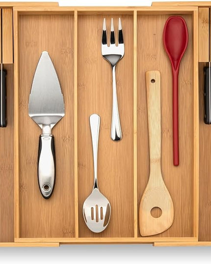 Purawood Kitchen Drawer Organizer with Knife Blocks - Utensil Drawer Organizer for Kitchen, Cutlery Tray & Silverware Organizer, 3-5 Slots - Bamboo Organizer for Utensils & Flatware (Natural)