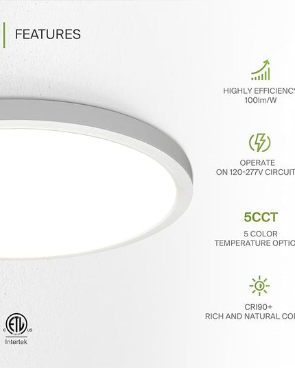 ASD LED 24" Round Flush Mount Ceiling Light Fixture, Low Profile Surface Lighting | 5CCT, Dimmable, Ultra-Thin, ETL Listed | 38W 2700LM 2700-6000K 100-277V | Kitchen, Hallway Lamp | White, 2 Pack