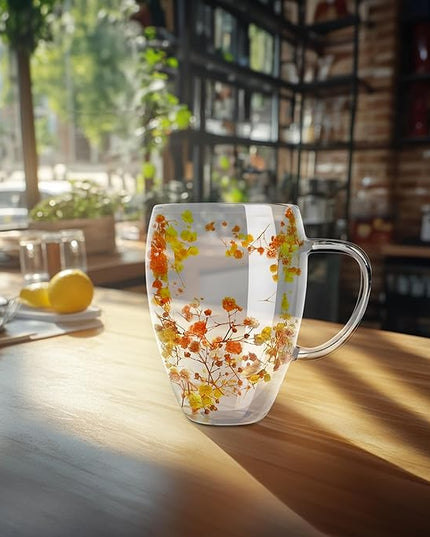 Gusto Buono 11oz Double Wall Glass Mugs, Set of 4 – Orange/Yellow Dry Flowers Design | Handmade, Heat-Resistant, Handwash Only | Perfect Coffee Mugs for Parties & Holiday Gifts