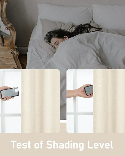 LAMIT Light Beige Short Linen Curtains 48 inch Length for Windows, Grommet Light Filtering Curtains Privacy Protected Window Drapes for Bedroom/Living Room, Set of 2 Panels, W42 x L48