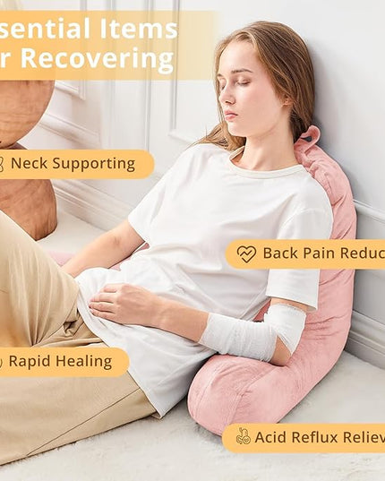 Sasttie Reading Pillow, Velvet Back Pillow for Bed Sitting Up, Adult Back-Rest Support Cushion with Arms for Sit Up on Couch, Sofa, and Floor, Dorm Essentials, Reading Accessories, Peach