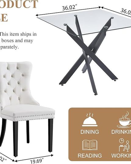 5 Piece Square Glass Dining Table Set for 4, Modern Dining Room Table and Chairs Set, Tempered Glass Top Kitchen Table with 4 Velvet Chairs, Space Saving Dining Set for Small Apartment or Home