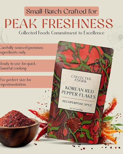 Premium Gochugaru Red Pepper Flakes - Sun-Dried Korean Chili Powder for Kimchi, Marinades, BBQ & Everyday Cooking (2oz)