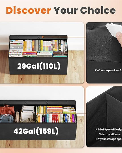 Sweetcrispy 43 Inches Folding Ottoman with Storage Bench, Foot Rest Stool, End of Bed Storage Bench Upholstered, Load 660 lbs, for Living Room, Lychee Grain Leather, Black