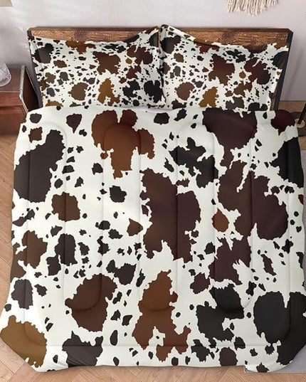 Queen Size Comforter Set with 2 Pillowcases, Vintage Cow Brown Cowhide Animal Soft 3 Pcs Bedding for Kids and Adults Bedroom Bed Decor