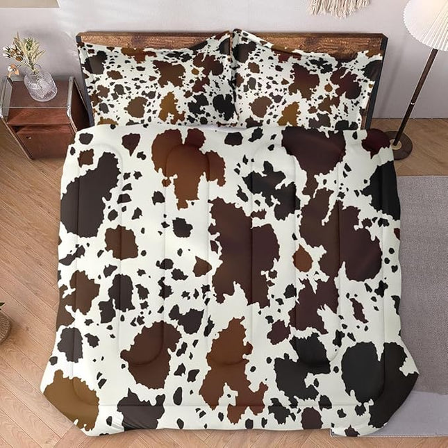 Twin Size Comforter Set with Pillowcase, Vintage Cow Brown Cowhide Animal Soft 2 Pcs Bedding for Kids and Adults Bedroom Bed Decor
